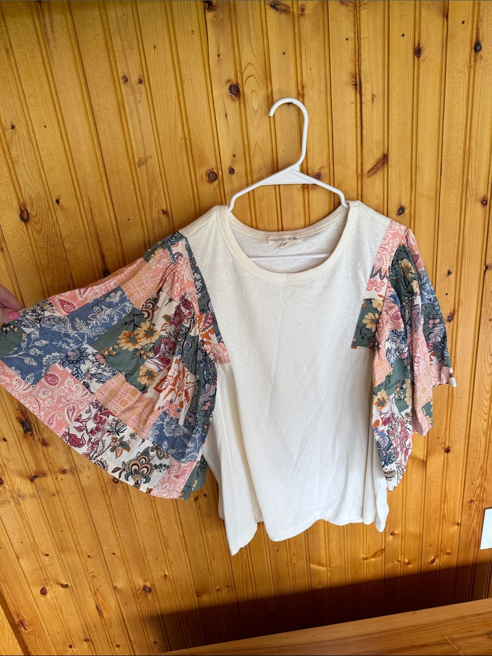 Cream Short Sleeve Tee with Floral Patchwork Flutter Sleeves